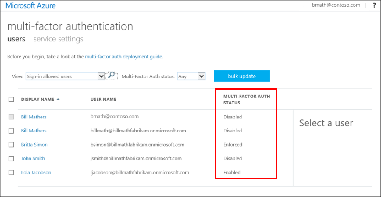 Microsoft Entra çok faktörlü kimlik doğrulaması için örnek kullanıcı durumu bilgilerini gösteren ekran görüntüsü