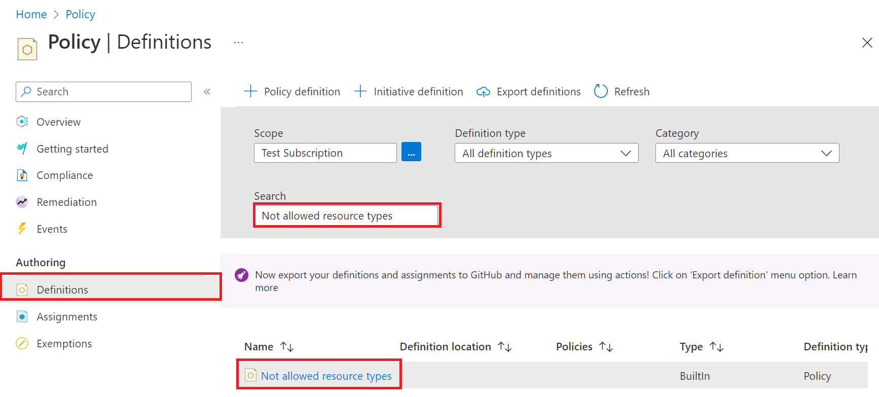 Screenshot showing search results in the Azure Policy Definitions pane.