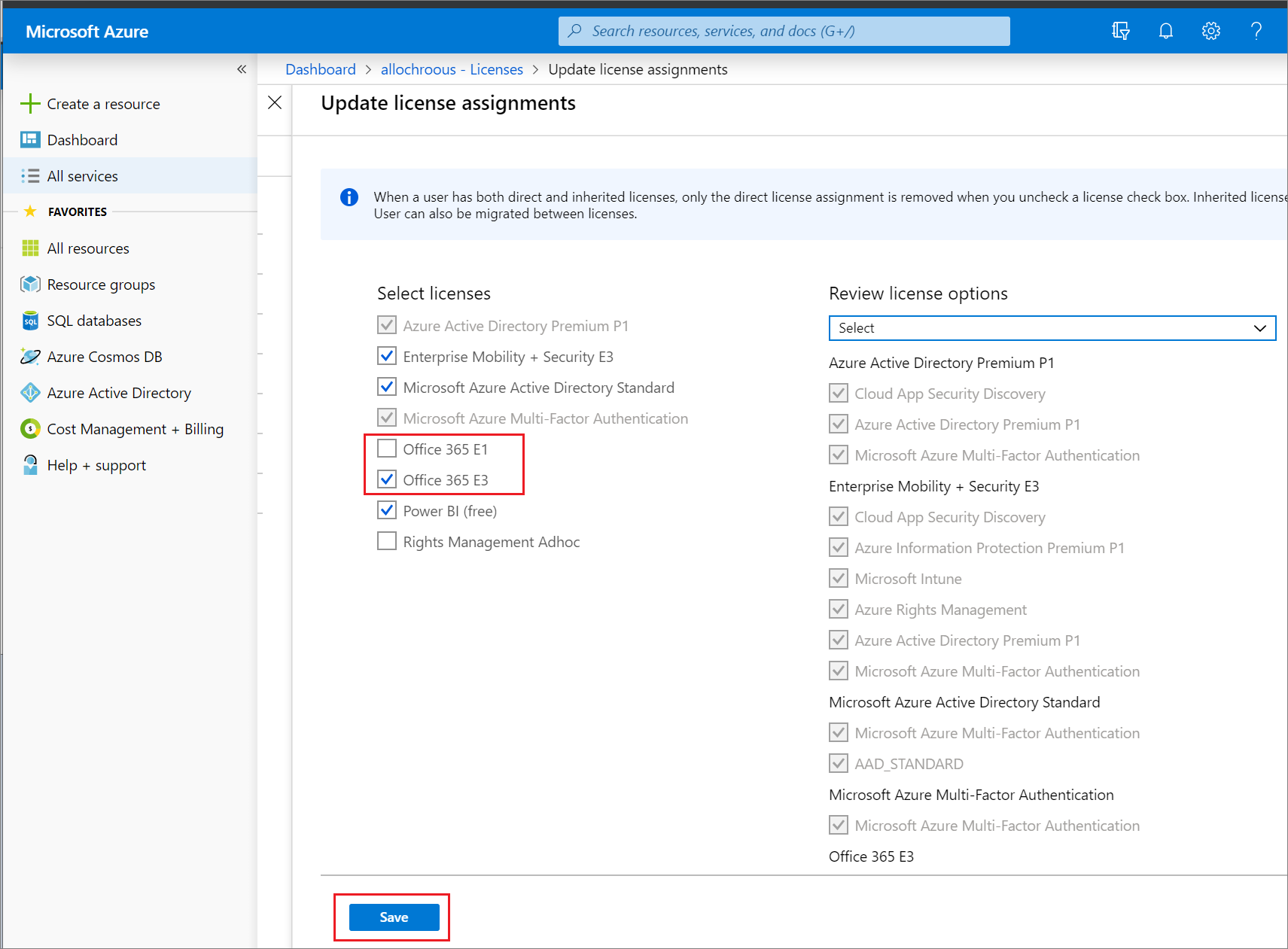 Screenshot of the license assignments page for a user showing Office 365 E1 cleared and Office 365 E3 selected.