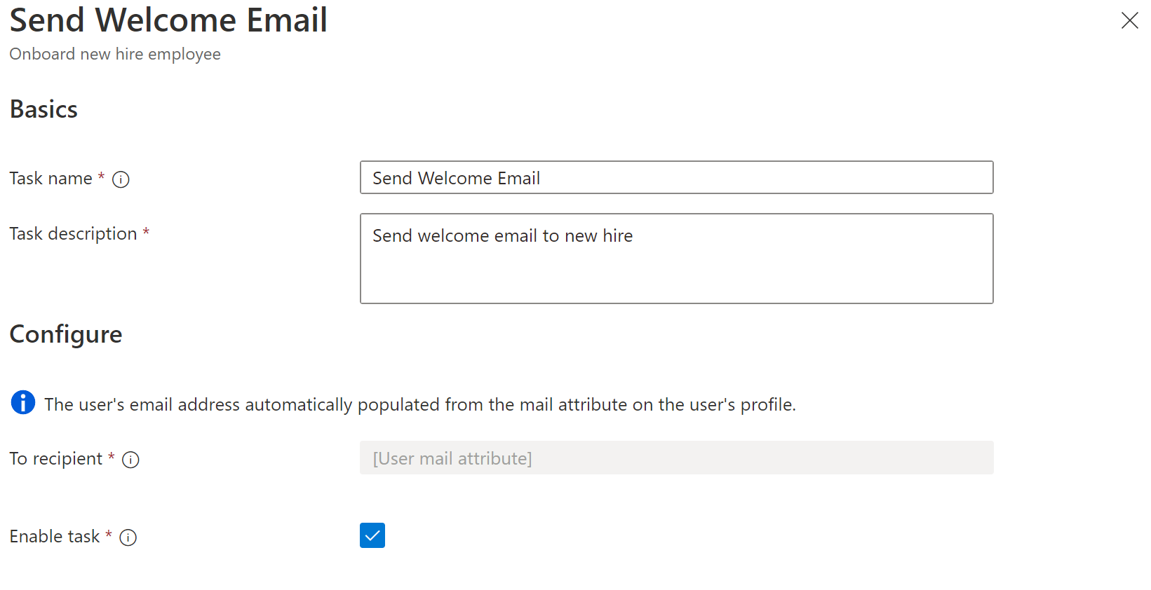 İş akışları görevinin ekran görüntüsü: Hoş geldiniz e-posta görevi.