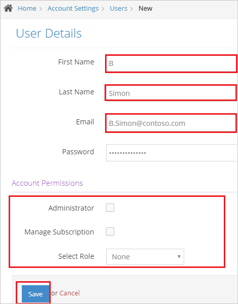 Screenshot shows the User Details where you can enter the values described.