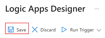 Logic Apps Tasarım Aracı kaydet düğmesinin ekran görüntüsü.