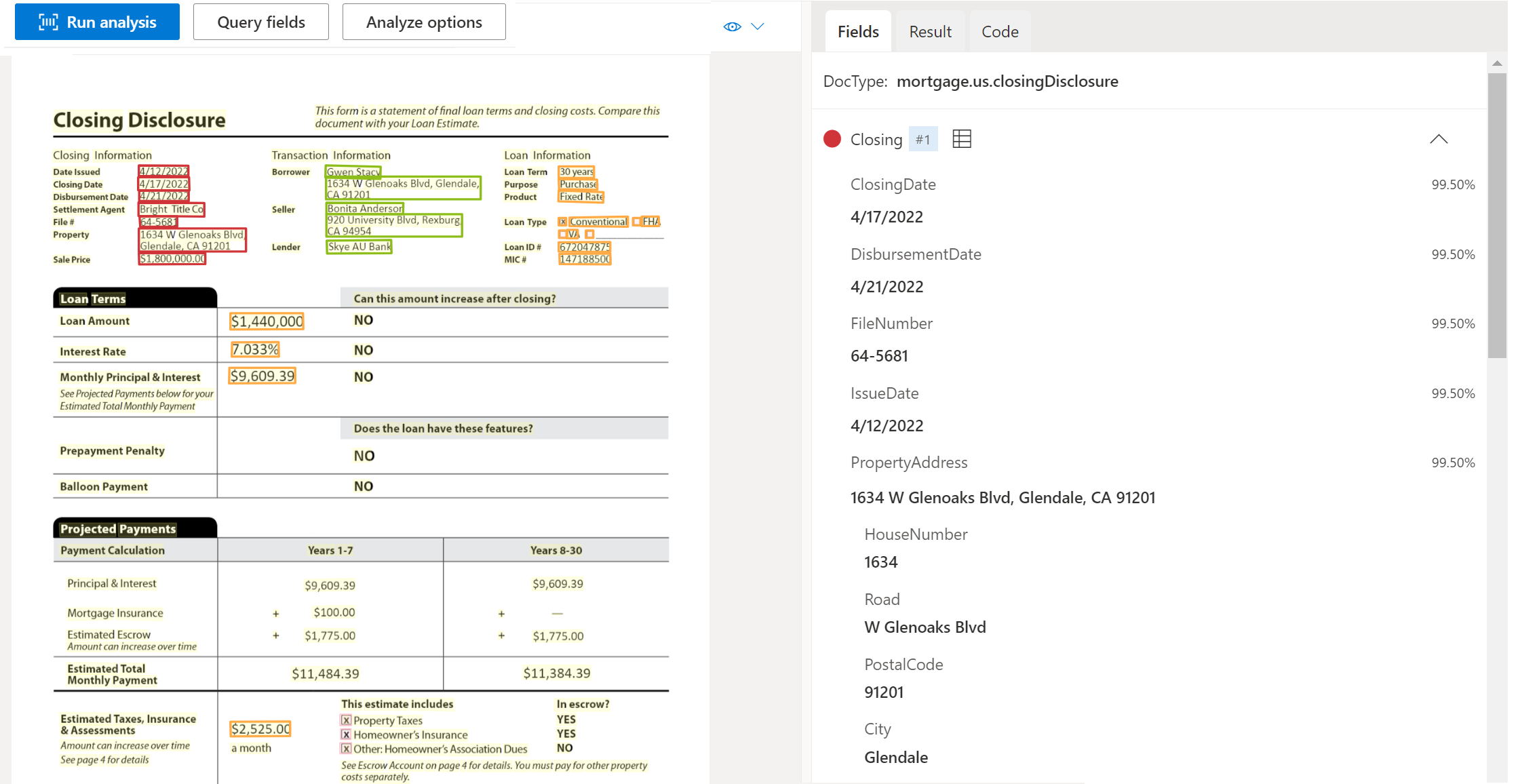 Document Intelligence Studio kullanarak ABD Mortgage kapanışı açıklama belge modeli analizinin ekran görüntüsü.