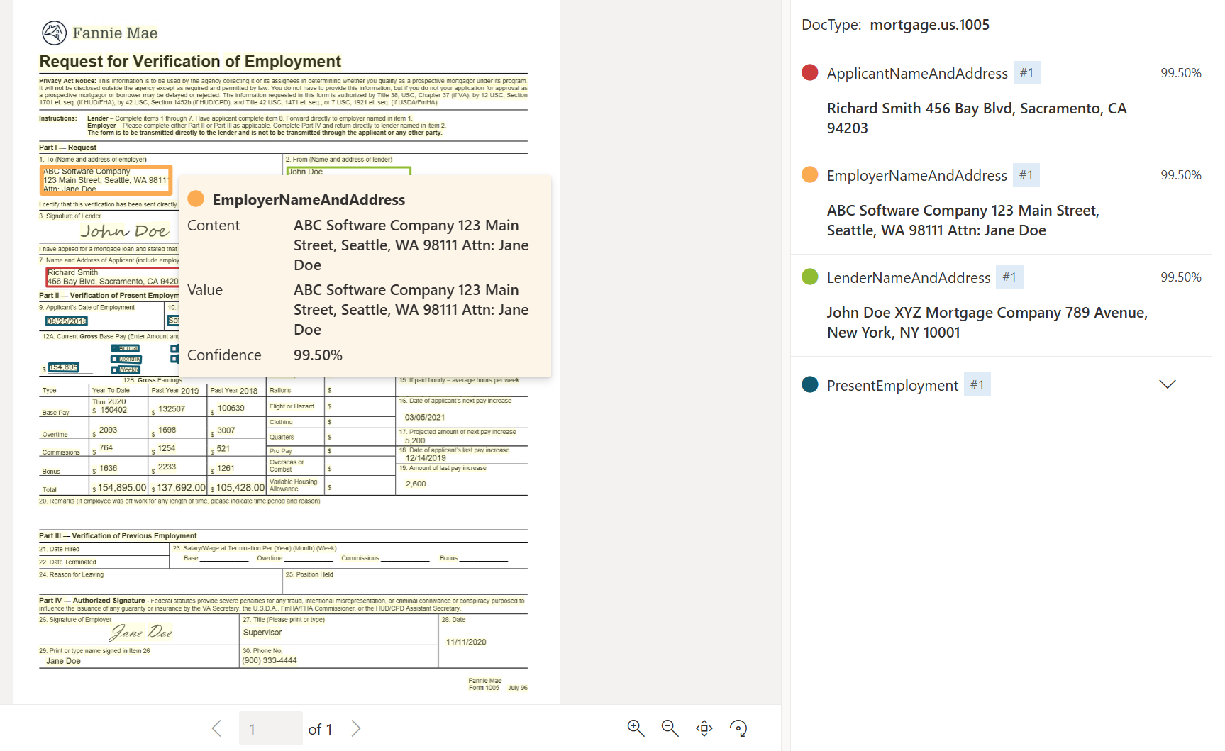 Document Intelligence Studio kullanarak US Mortgage 1005 belge modeli analizinin ekran görüntüsü.