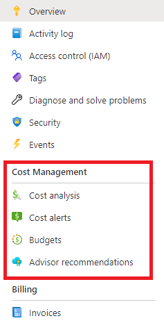Azure portalındaki maliyet yönetimi kaynakları bağlantılarının ekran görüntüsü.