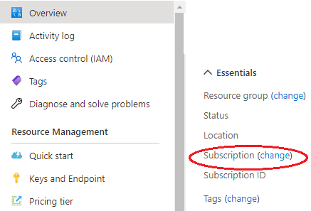 Azure portalındaki genel bakış sayfasındaki abonelik bağlantısının ekran görüntüsü.