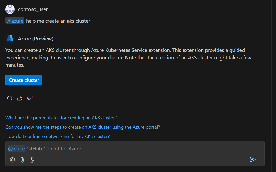 Azure için GitHub Copilot aracılığıyla oluşturulan kümeyi gösteren ekran görüntüsü.