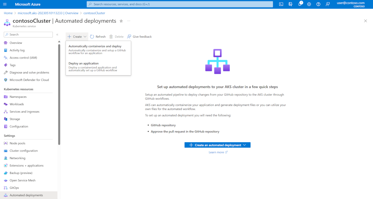 Azure portal otomatik dağıtımlar ekranı. Henüz kapsayıcılı hale getirilmemiş olan kapsayıcılı uygulamalar ve uygulamalar için seçenekleri gösteren 'Oluştur' seçildi.