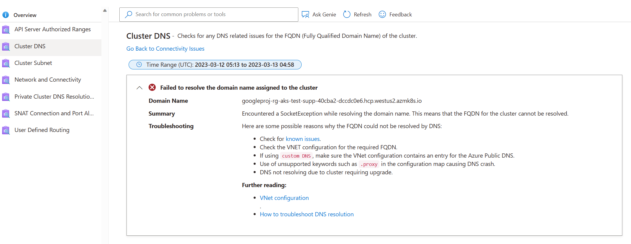 AKS Sorunları Tanılama ve Çözme Sonuçlarının ekran görüntüsü - Ağ - Küme DNS.