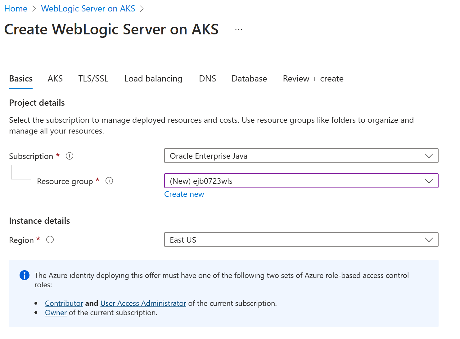 AKS'de WebLogic Server'ın gösterildiği Azure portalının ekran görüntüsü.