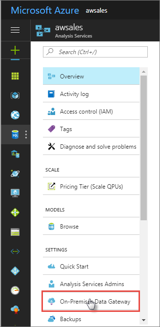 Screenshot showing On-Premises Data Gateway in Settings.