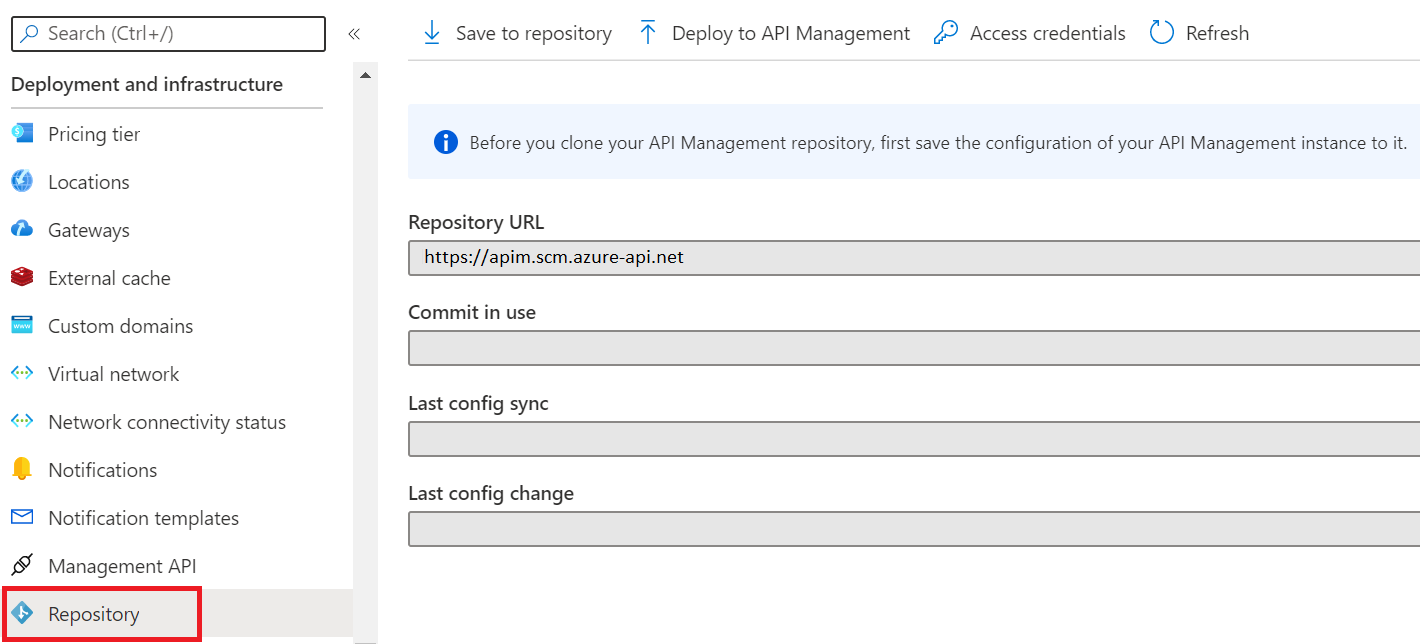 API Management için Git yapılandırmasına erişmeyi gösteren ekran görüntüsü.