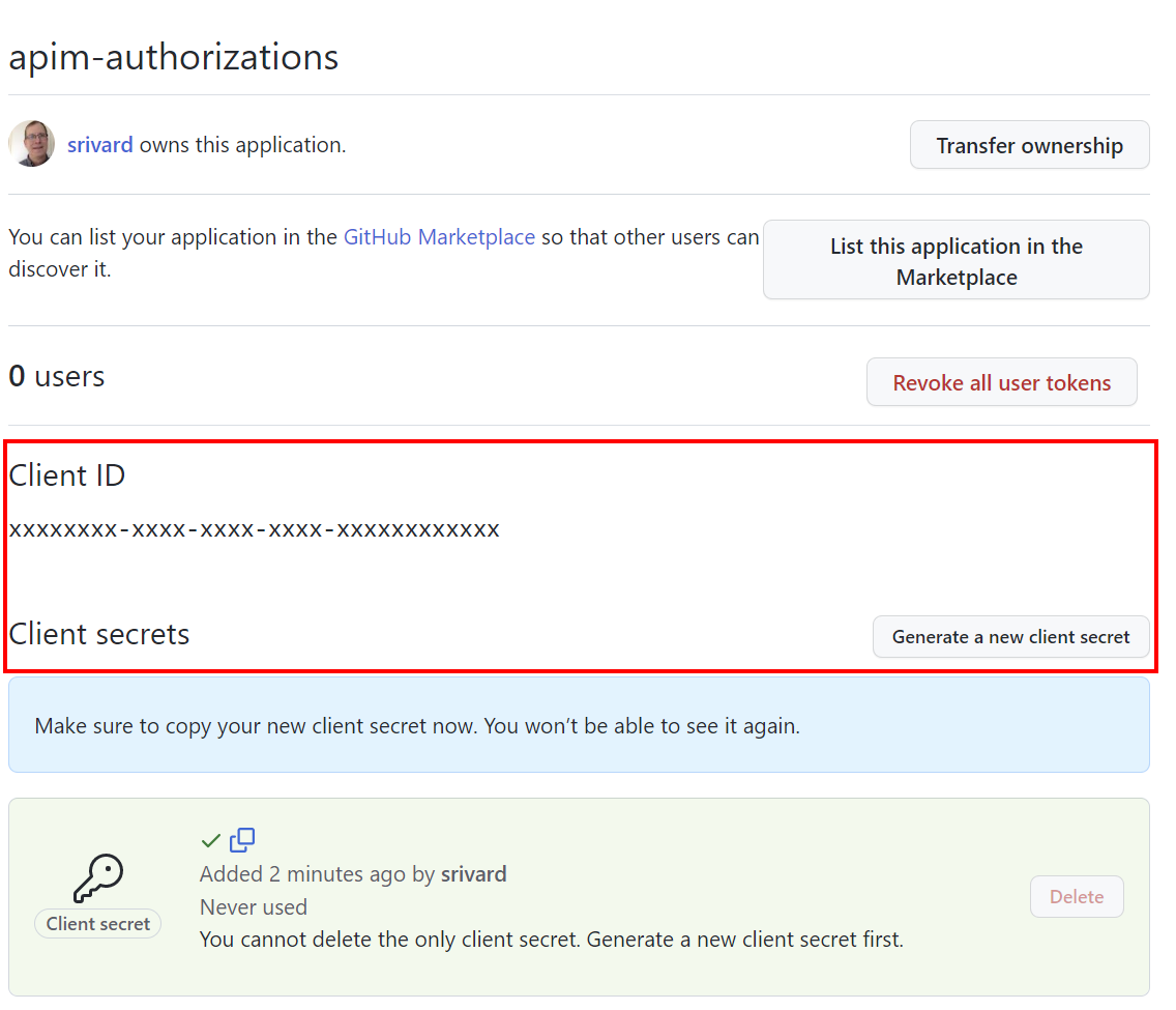 GitHub'da uygulama için istemci kimliğini ve istemci gizli dizisini alma işlemini gösteren ekran görüntüsü.