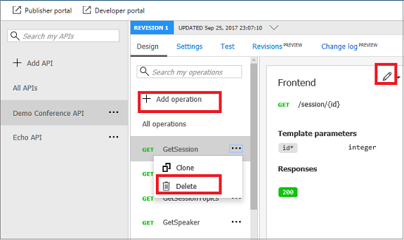 API Management'ta API düzenleme işlemini vurgulayan ekran görüntüsü.