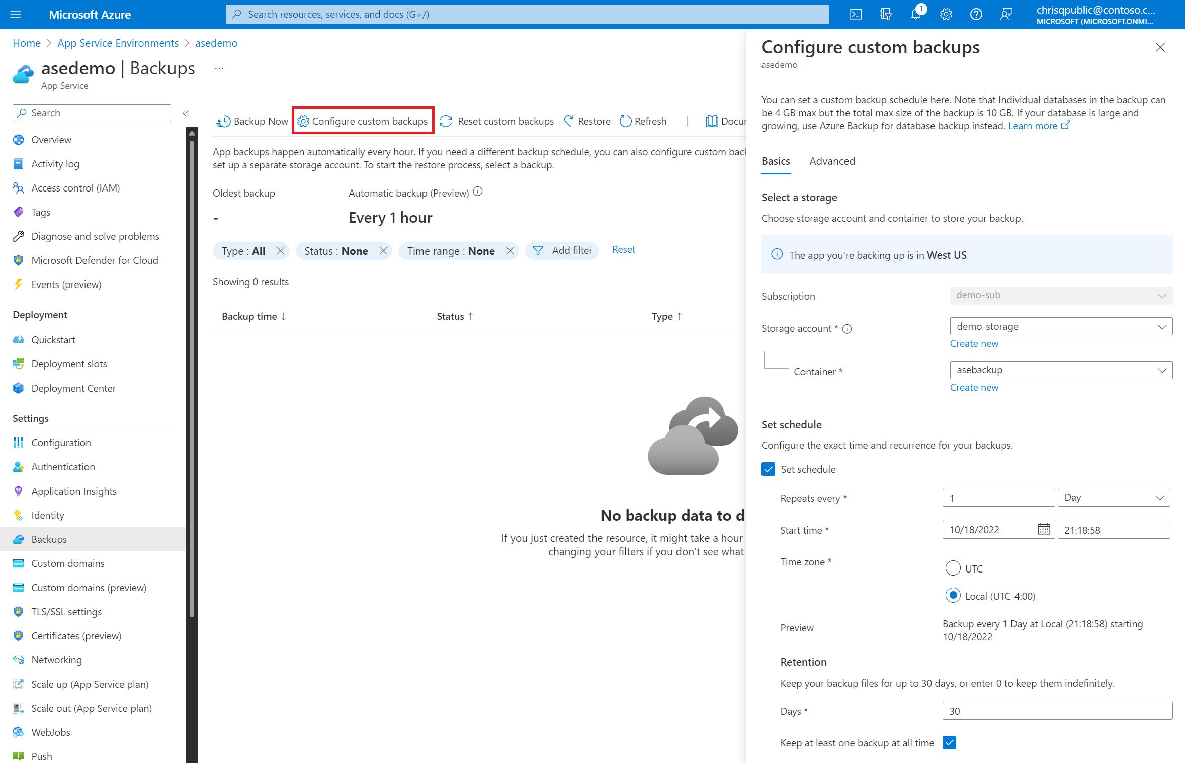 Screenshot that shows options for configuring custom backups for an App Service app.