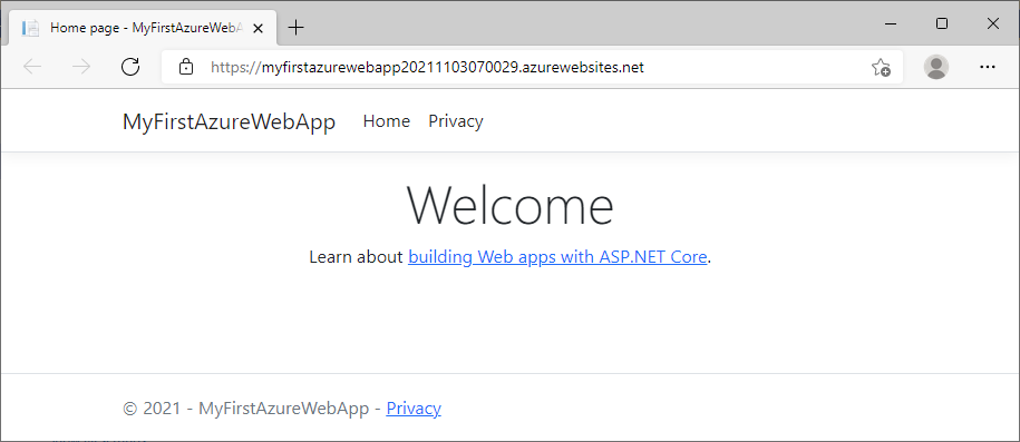 Azure'da CLI - ASP.NET Core 6.0 web uygulamasının ekran görüntüsü.