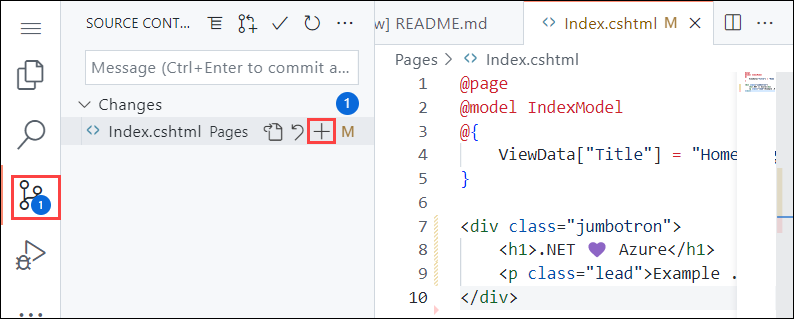 Tarayıcıdaki Visual Studio Code ekran görüntüsü, kenar çubuğundaKi Kaynak Denetimi gezintisini vurgulayın ve ardından Kaynak Denetimi panelinde Değişiklikleri Aşamala düğmesini vurgulayın.