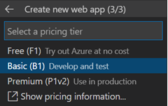 Yeni web uygulamasının fiyatlandırma katmanı için kullanılan VS Code iletişim kutusunun ekran görüntüsü.