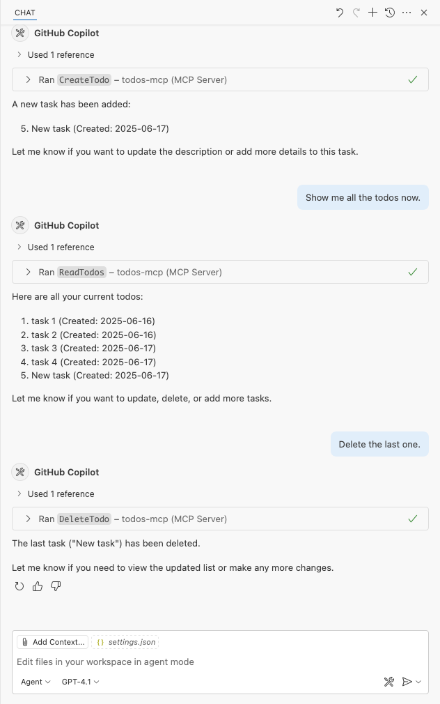 Azure App Service'te barındırılan Todos MCP sunucusunu çağıran GitHub Copilot'ı gösteren ekran görüntüsü.