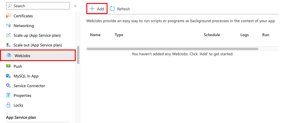 Portalda App Service uygulamasında Web İşi eklemeyi gösteren ekran görüntüsü.
