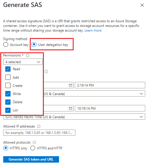 Screenshot that shows the SAS permission fields in the Azure portal.