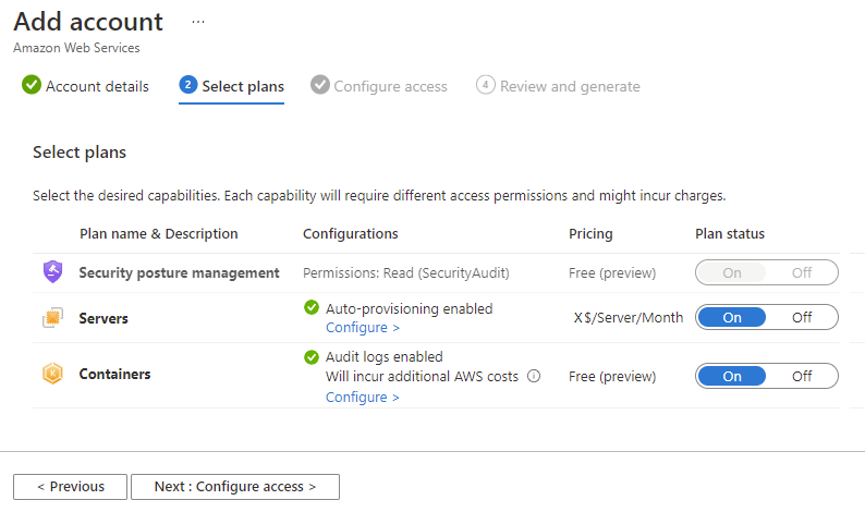 Screenshot of the Select plans section of the Add account page. Plans are visible for security posture management, servers, and containers.