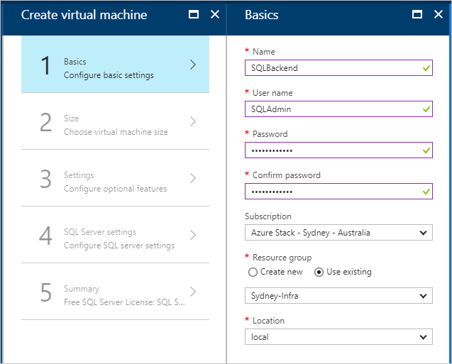 Azure Stack Hub kullanıcı portalında vm için temel ayarları yapılandırmayı gösteren ekran görüntüsü.