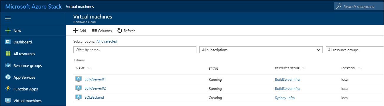 Azure Stack Hub kullanıcı portalında Sanal makinelerin durumunu gösteren ekran görüntüsü.