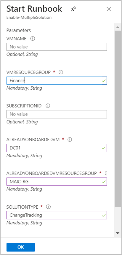 Enable-MultipleSolution runbook parameters