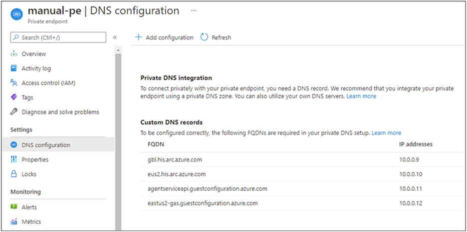 Azure portalında el ile DNS sunucusu yapılandırmasını gösteren ekran görüntüsü.