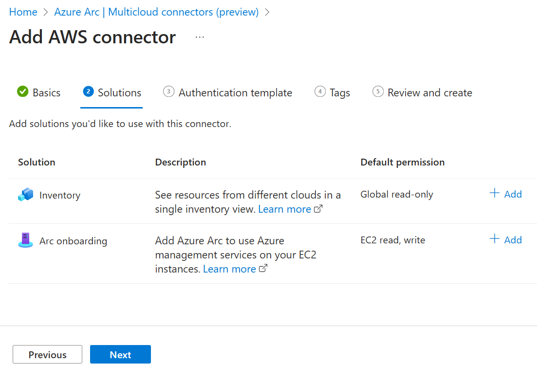 Azure portalında AWS bağlayıcısının çözümlerini gösteren ekran görüntüsü.