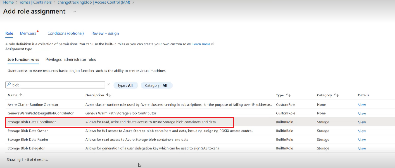 Blob Depolama için Katılımcı rolünü seçerken gösterilen ekran görüntüsü.