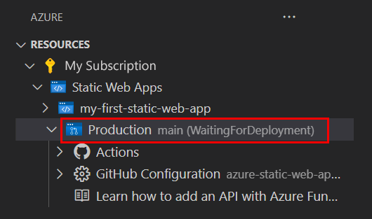 Bir abonelik altındaki static web apps listesini gösteren Static Web Apps uzantısı kullanıcı arabiriminin görüntüsü. Vurgulanan statik web uygulamasının yanında Dağıtım Bekleniyor durumu görüntüleniyor.