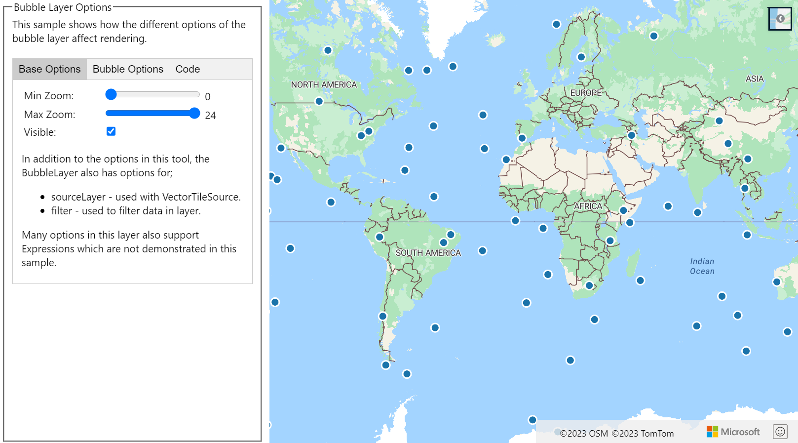 Haritanın solunda baloncuklar ve seçilebilir kabarcık katmanı seçenekleri bulunan bir haritayı gösteren Kabarcık Katmanı Seçenekleri örneğini gösteren ekran görüntüsü.