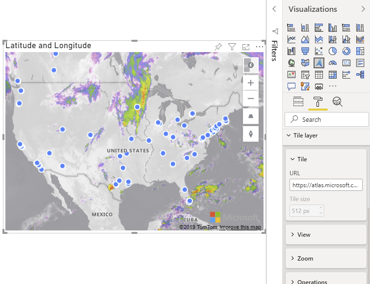 Azure Haritalar geçerli kızılötesi hava durumu verilerini gösteren bir kutucuk katmanının üzerinde kabarcık katmanını gösteren harita.