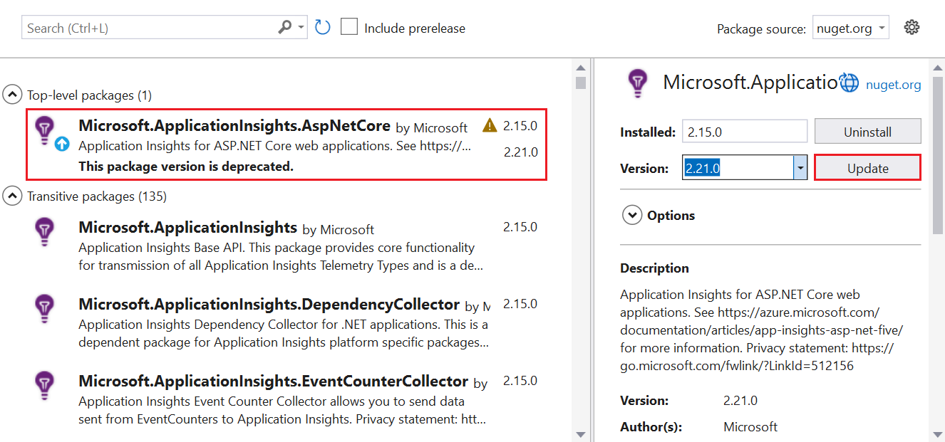 Güncelleştirme için Application Insights paketinin nerede seçildiğini gösteren ekran görüntüsü.