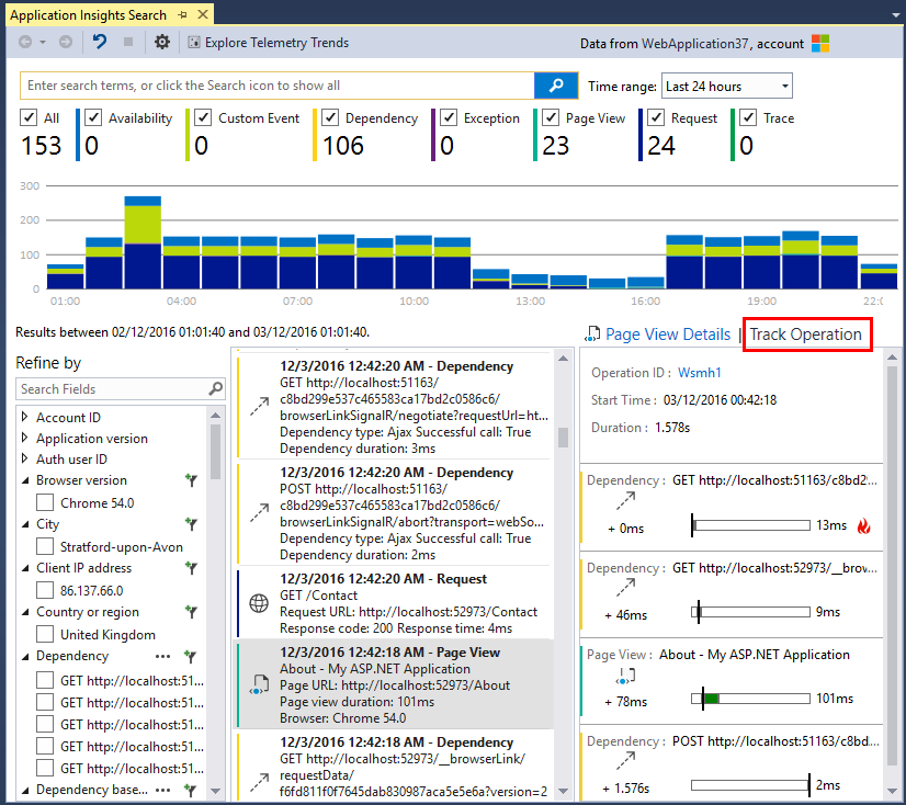 Visual Studio Application Insights Arama penceresini gösteren ekran görüntüsü.