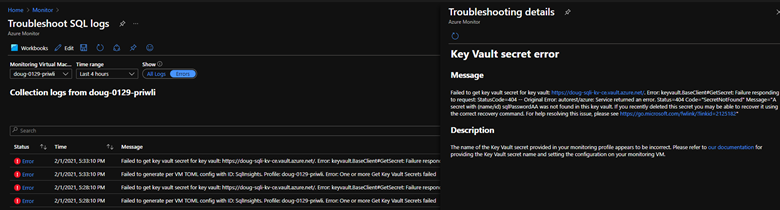 Azure portalında SQL günlüklerinde sorun giderme için Azure İzleyici sayfasının ekran görüntüsü.