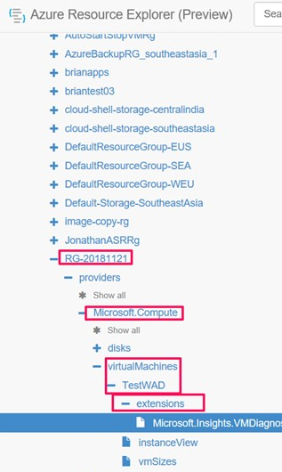 Azure Kaynak Gezgini'nde WAD yapılandırmasına gidildiğini gösteren ekran görüntüsü.