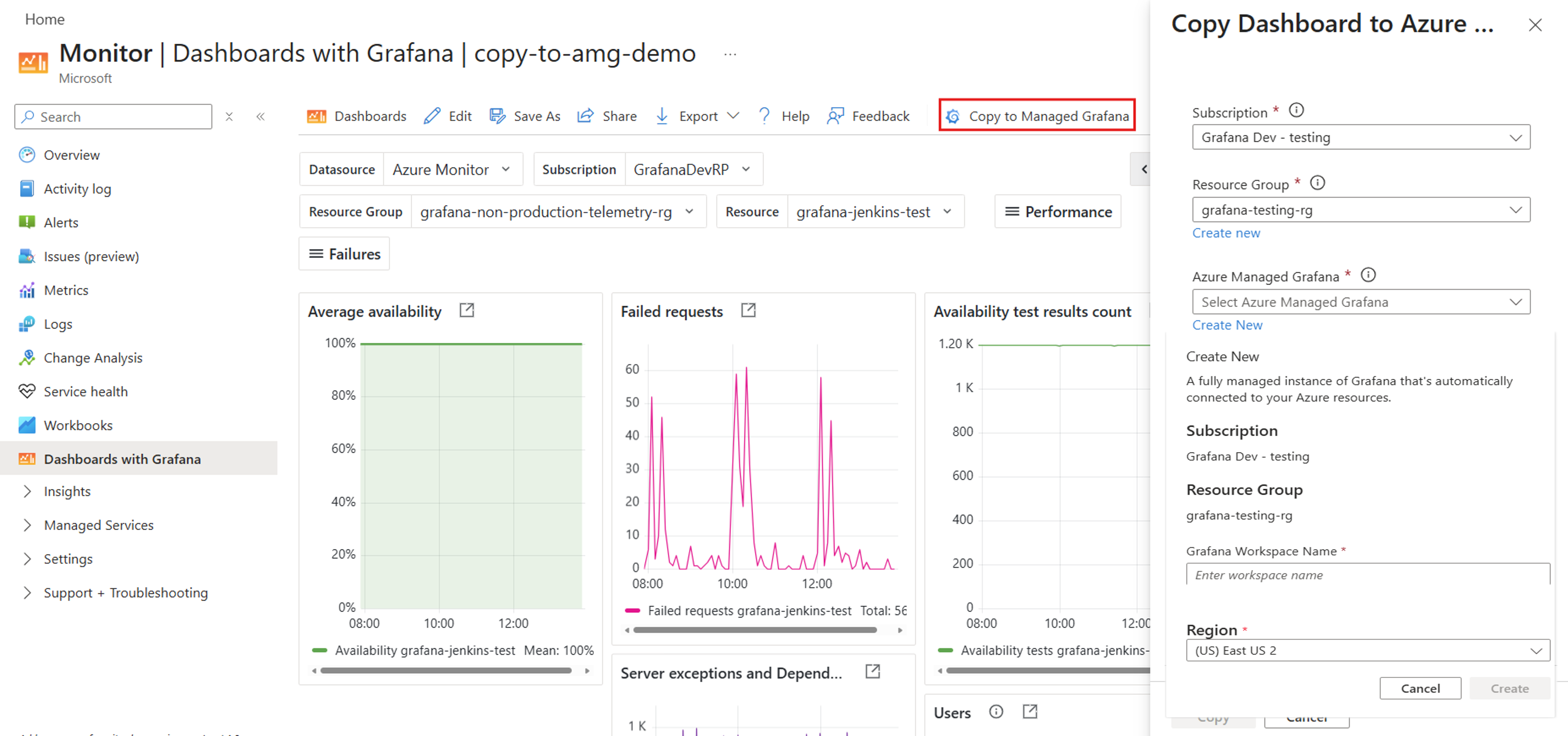 Yeni Azure Managed Grafana çalışma alanı oluştur bölmesinin ekran görüntüsü.