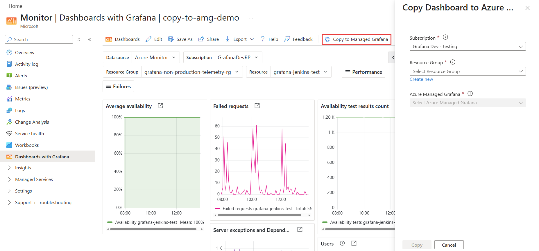 Yönetilen Grafana'ya Kopyala yan panelinin ekran görüntüsü.