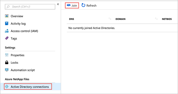 Active Directory bağlantıları menüsünü gösteren ekran görüntüsü. Katıl düğmesi vurgulanır.