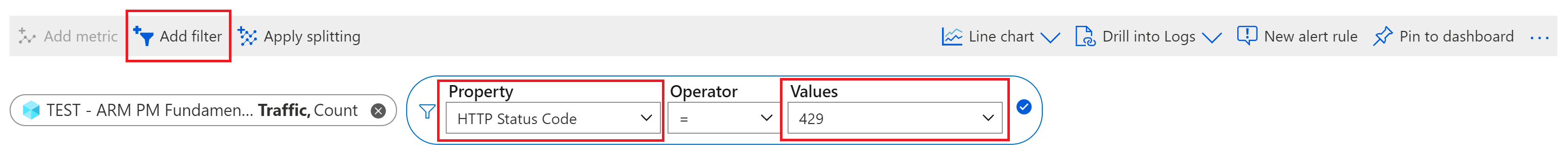 HTTP Durum Kodu'nu yalnızca Azure portalında 429 yanıta filtreleme ekran görüntüsü.