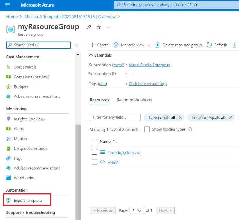 Azure portal'da şablonu dışarı aktarma seçeneğinin ekran görüntüsü.