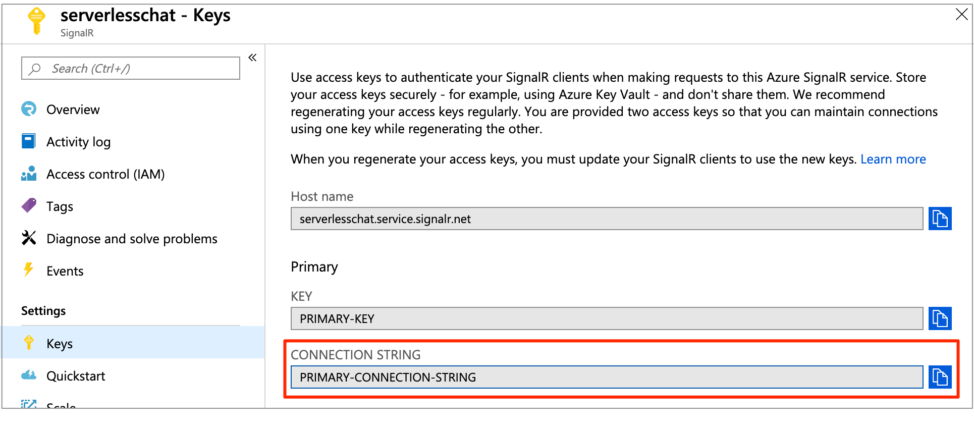 Azure SignalR hizmet Anahtarları sayfasının ekran görüntüsü.