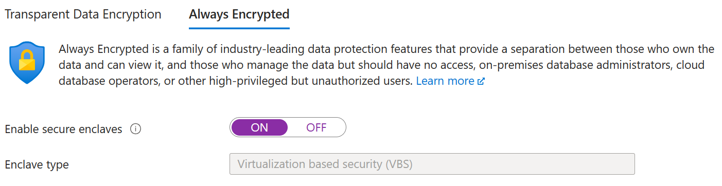 Azure portalındaki mevcut bir veritabanında güvenli kuşatmaları etkinleştirme işleminin ekran görüntüsü.