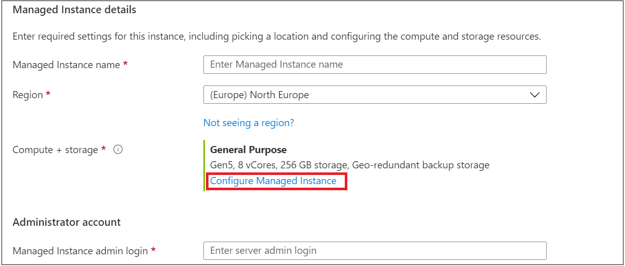Screenshot of the pane for configuring backup storage redundancy in the Azure portal for a managed instance.