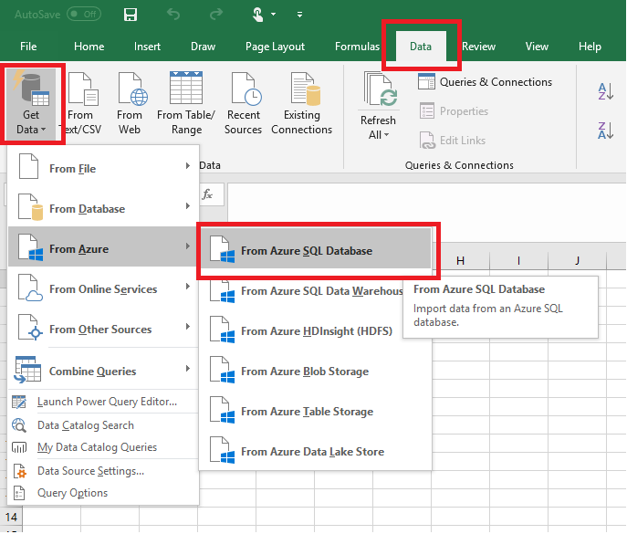Veri kaynağını seçin: Excel'i SQL Veritabanı bağlayın.
