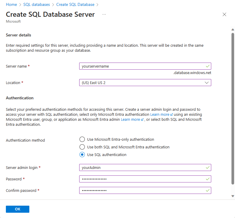 Screenshot of the Azure portal, creating a logical server for Azure. 