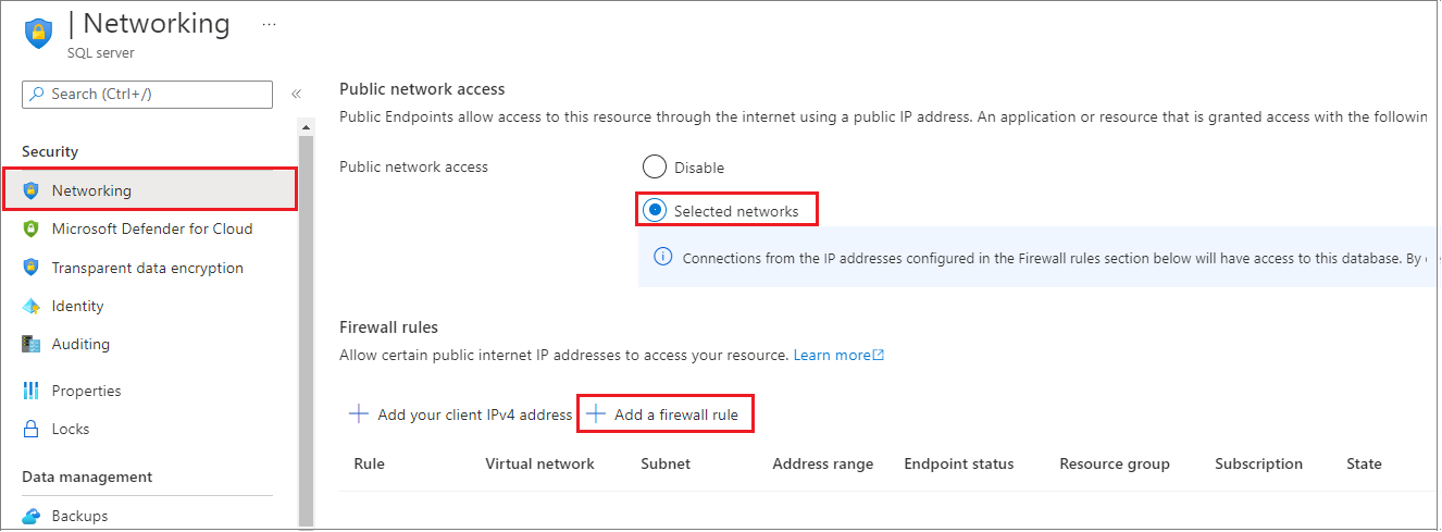 Screenshot of the Azure portal, networking page, showing where to set the server-level IP firewall rule.